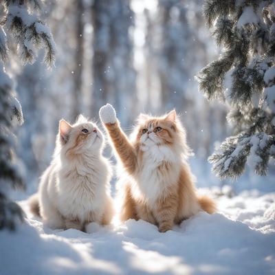 The image features two cats sitting in the snow, with one of them holding a white ball in its paws. The cats are positioned close to each other, creating a sense of companionship. The scene is set in a snowy forest, with trees surrounding the cats. The visual style of the image is a photo, capturing the cats and their environment in a natural and realistic manner. The colors and mood of the image are predominantly white and cold, reflecting the snowy and wintry atmosphere